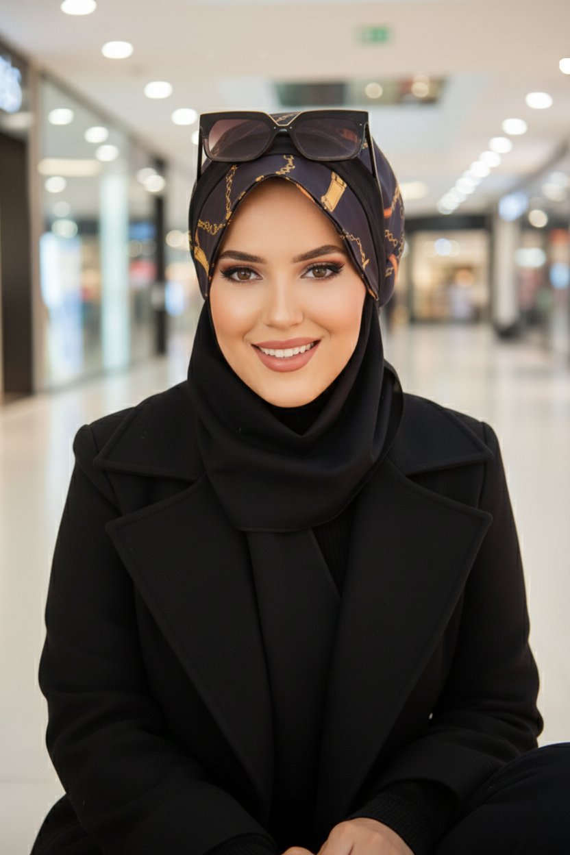 Siyah Gold Zincir  Desen Tesettür Şapka