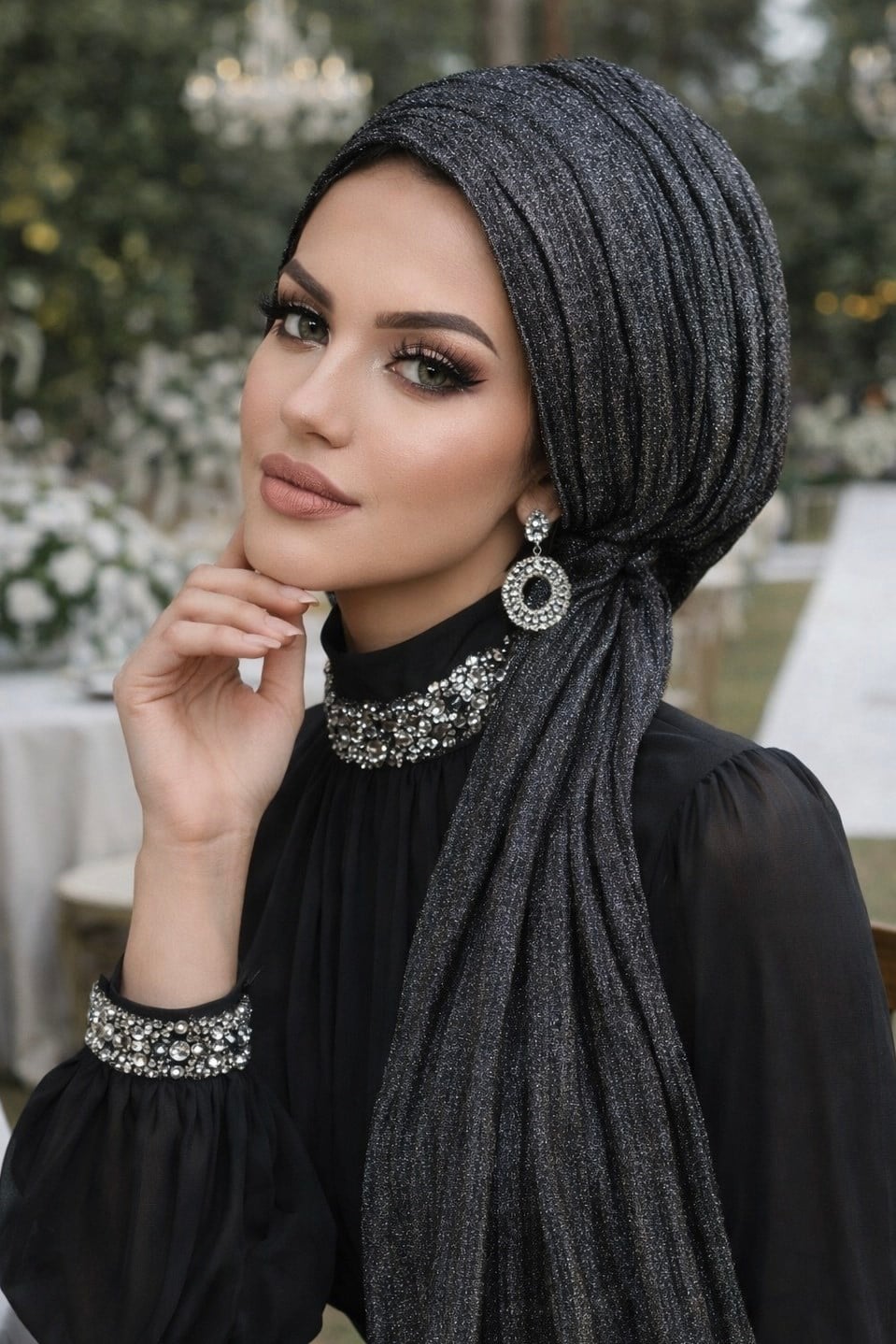 Siyah Gümüş Piliseli Kelebek Model Bantlı Abiye Bone Şal
