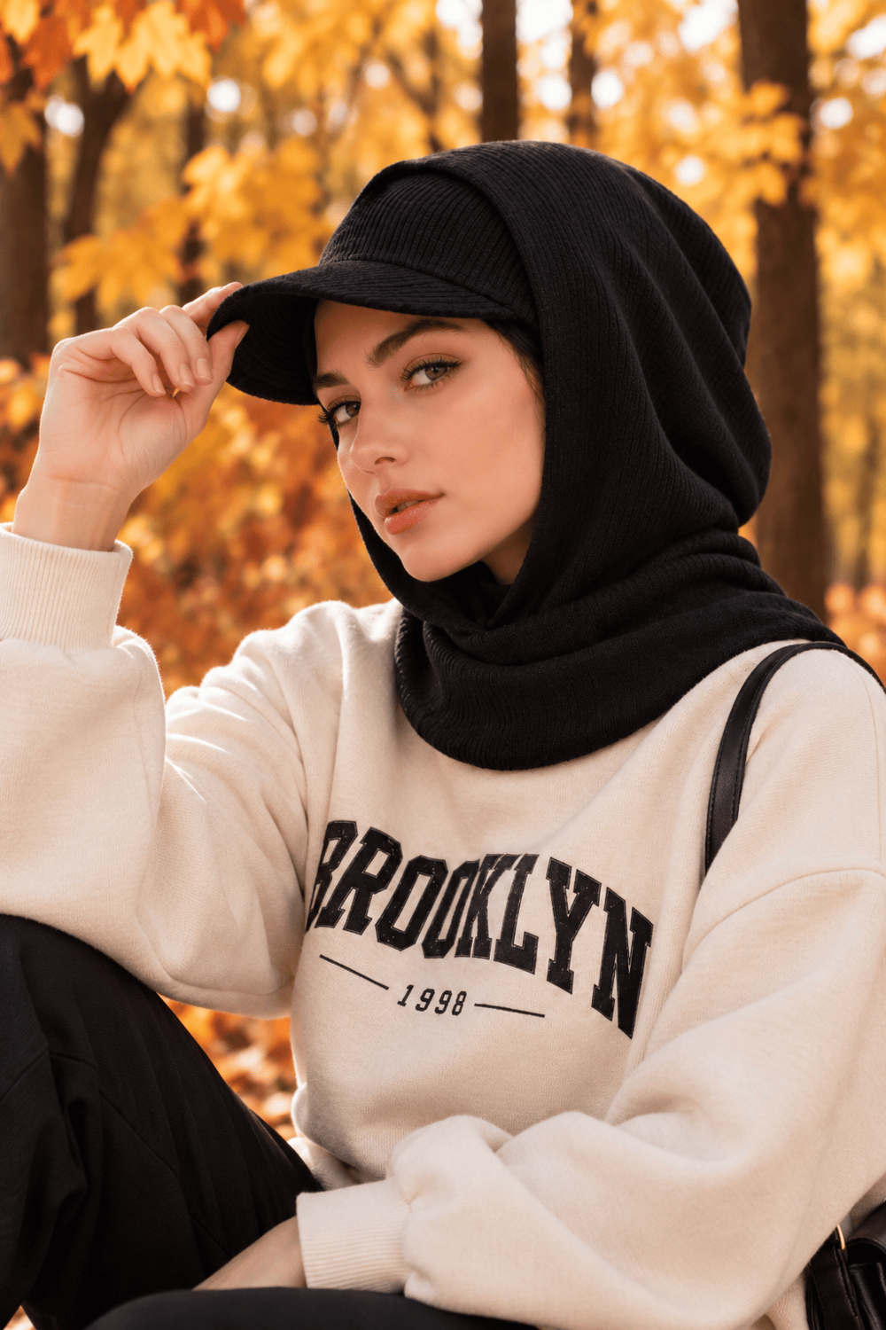 Siyah Spor ve Antrenman İçin Kepli Bant Bone ve Kapüşon Takım