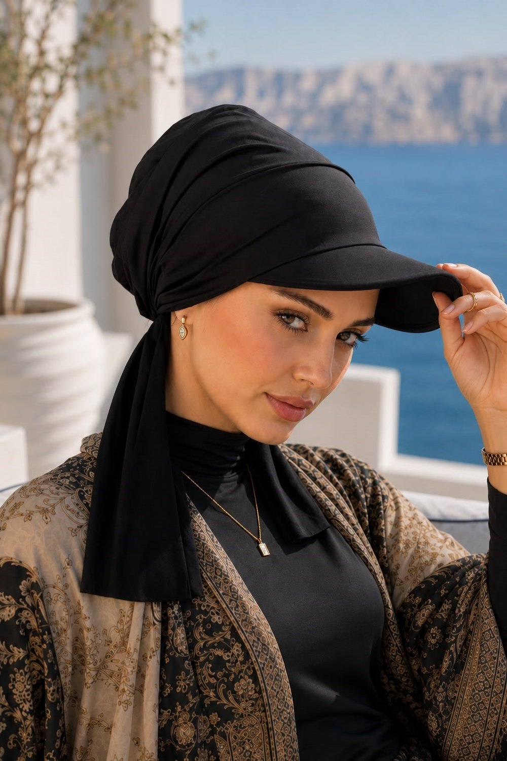 Siyah Kepli Deniz / Havuz Kullanımına Uygun Bağcıklı Eşarp Bone