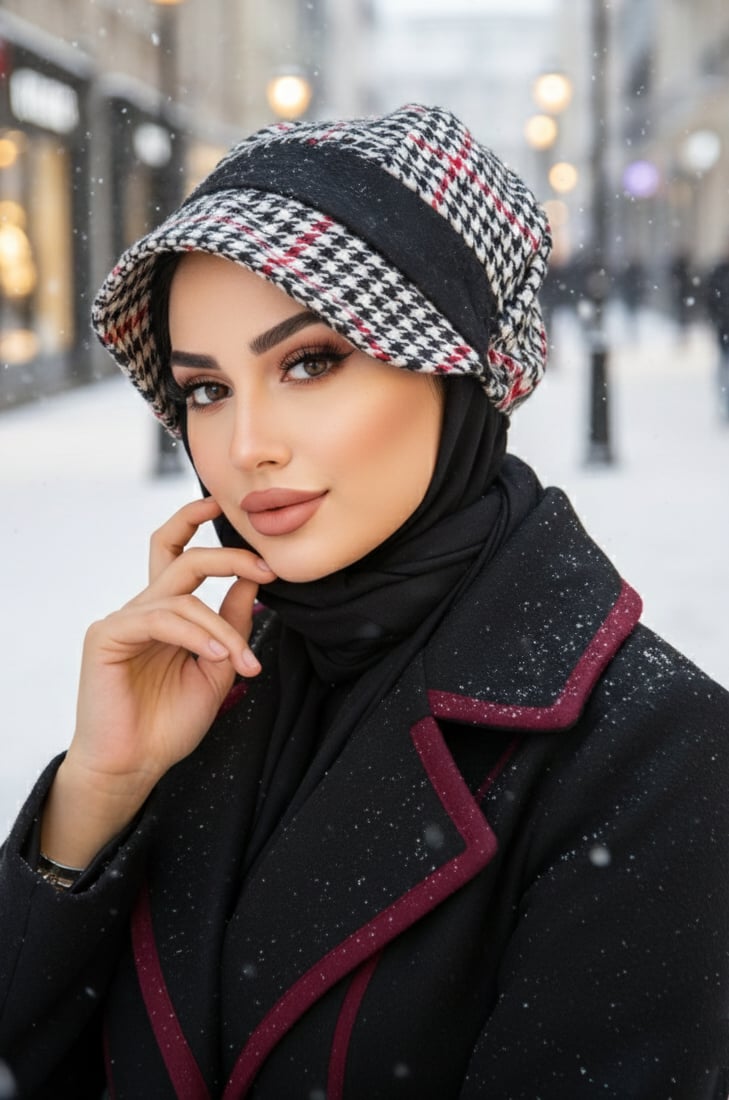 Siyah Kırmızı Kazayağı Desen Tesettür Şapka