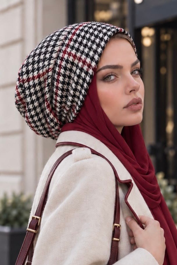 Bordo Kazayağı Şallı Kaşe Tesettür Bere