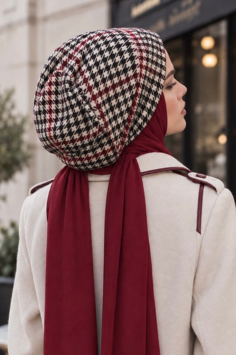 Bordo Kazayağı Şallı Kaşe Tesettür Bere