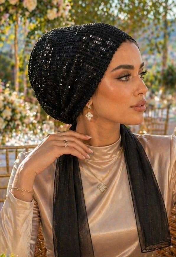 Siyah Payet Abiye Eşarp Bone