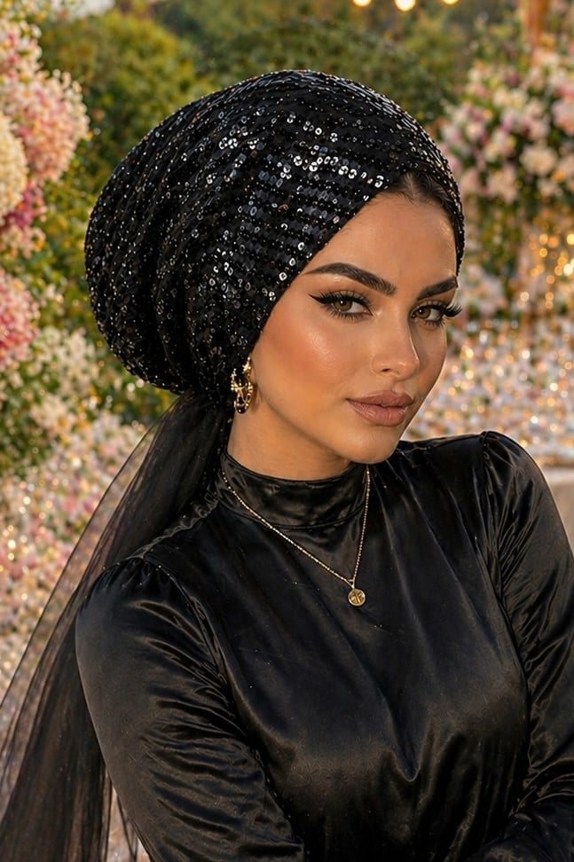 Siyah Payet Abiye Eşarp Bone