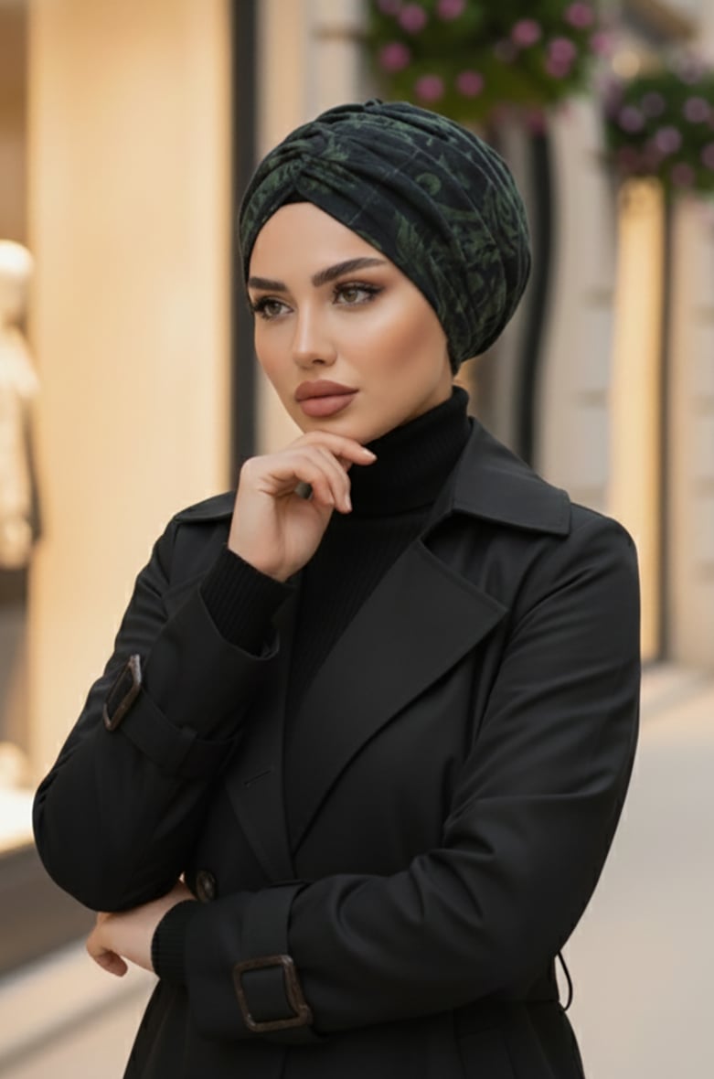 Siyah Haki Desenli Büzgülü Salaş Bone