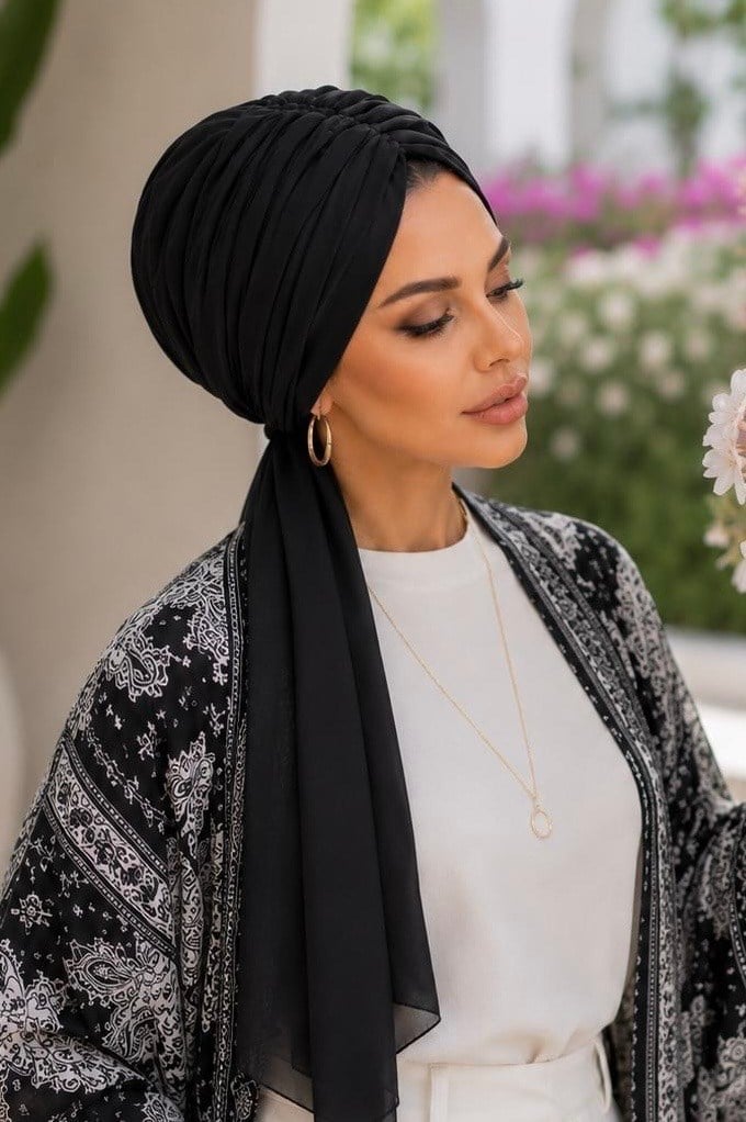 Siyah Şifon Büzgülü Eşarp Bone