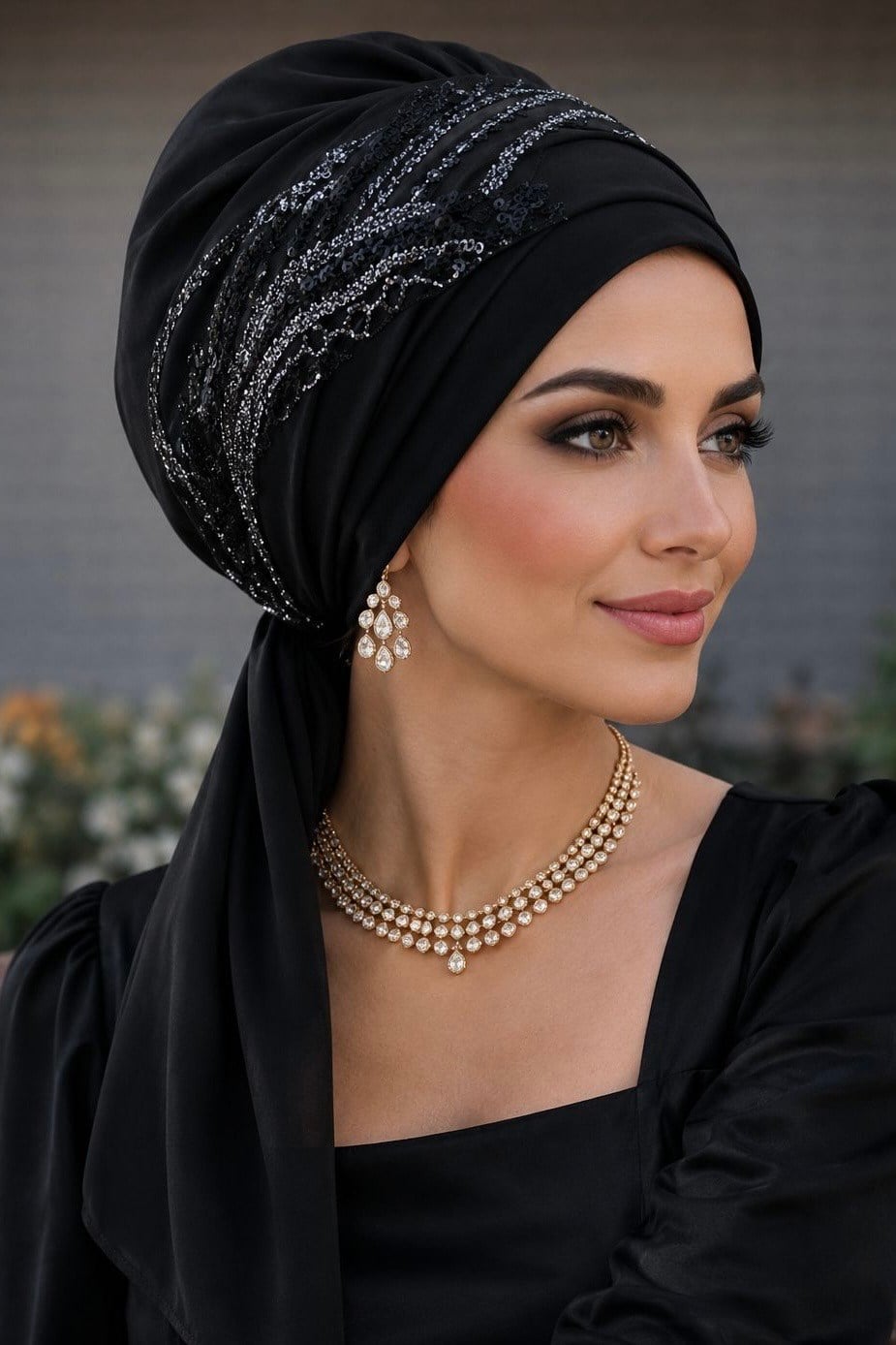 Siyah Sim Payet Abiye Atkılı Bone