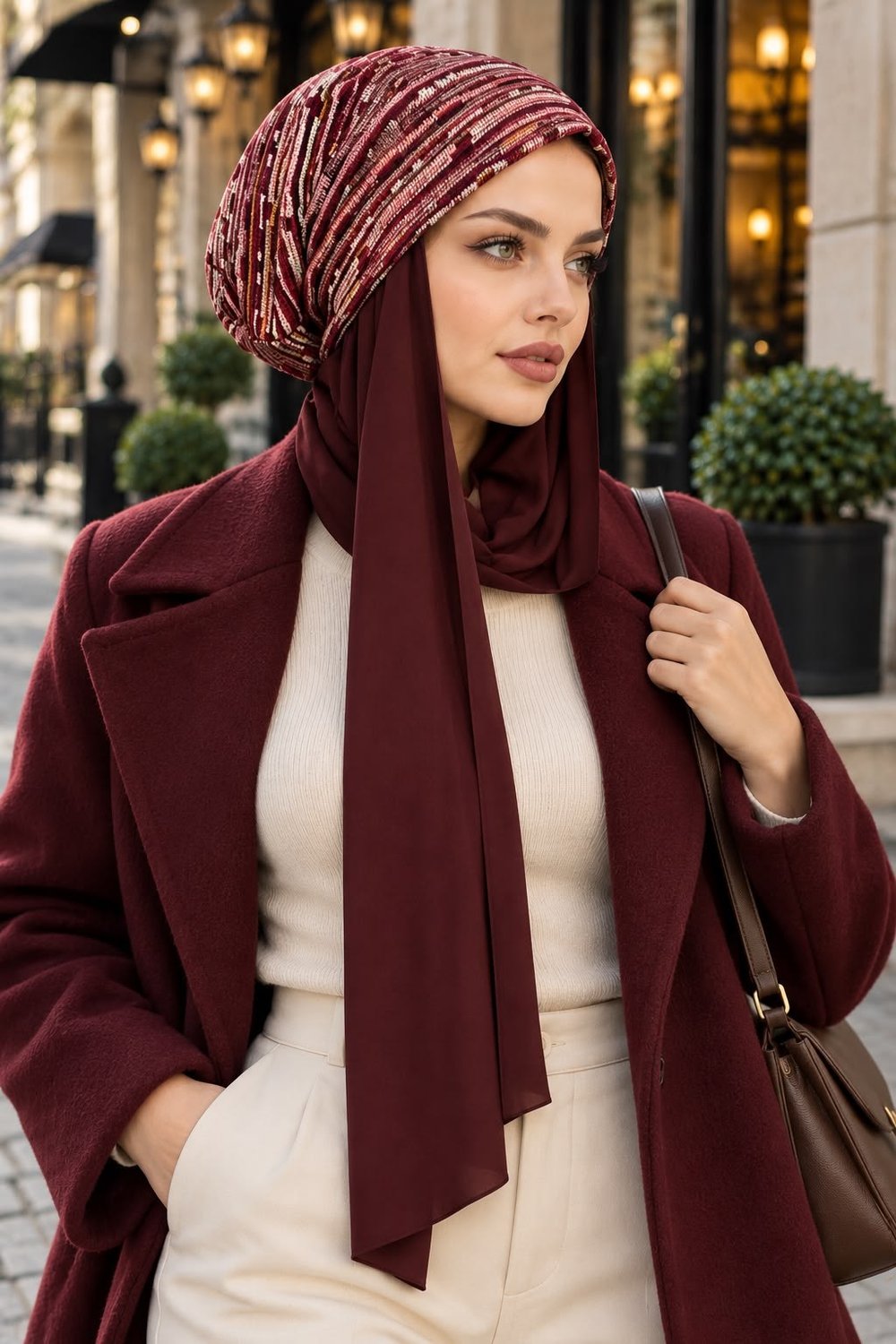 Bordo Desenli Şallı Salaş Bere