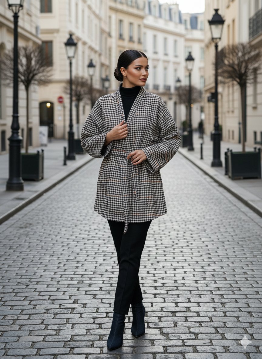 Siyah Taba Kaşe Kazayağı Desen Kuşaklı Kimono Ceket / Kışlık Ürün