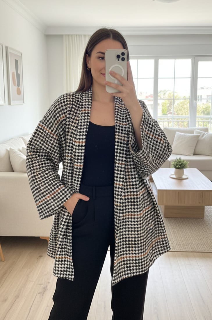 Siyah Taba Kaşe Kazayağı Desen Kuşaklı Kimono Ceket / Kışlık Ürün