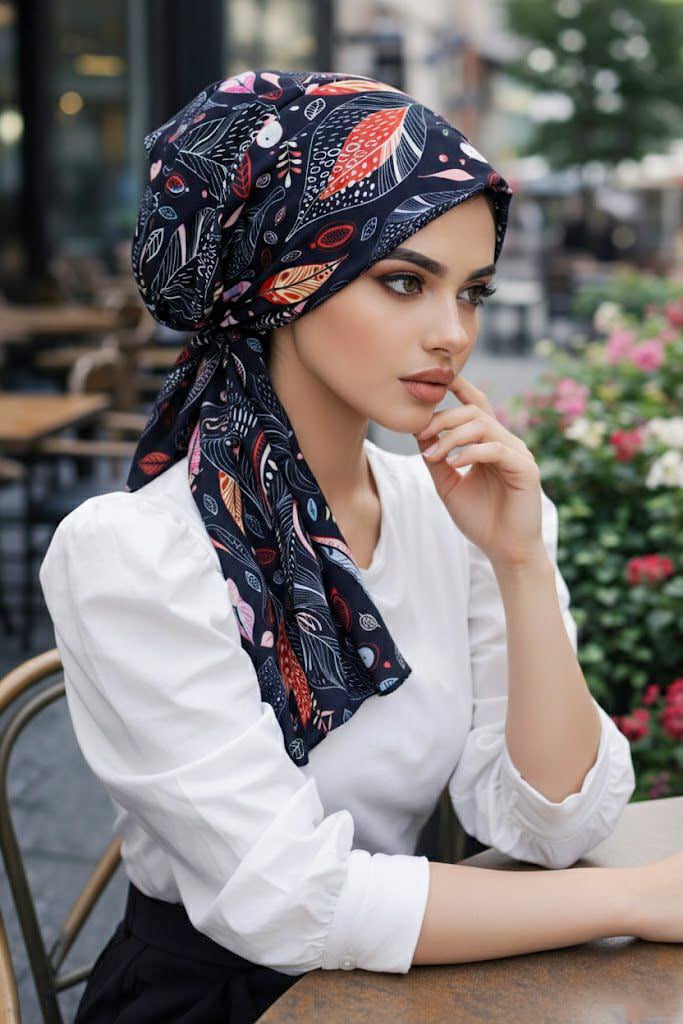 Siyah Yaprak Desen Eşarp Bone