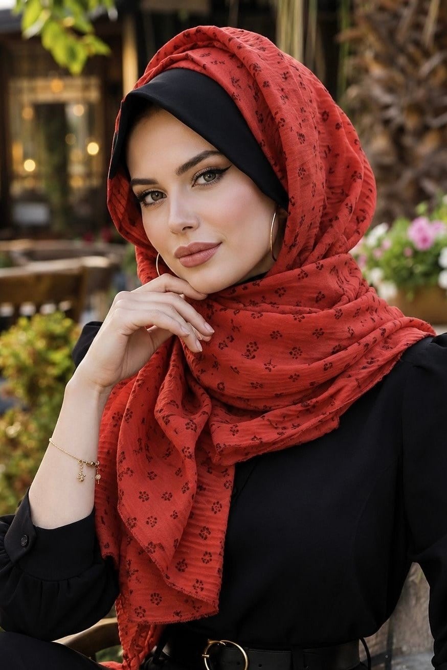Taba Çiçek Baskılı Şapkalı Şal