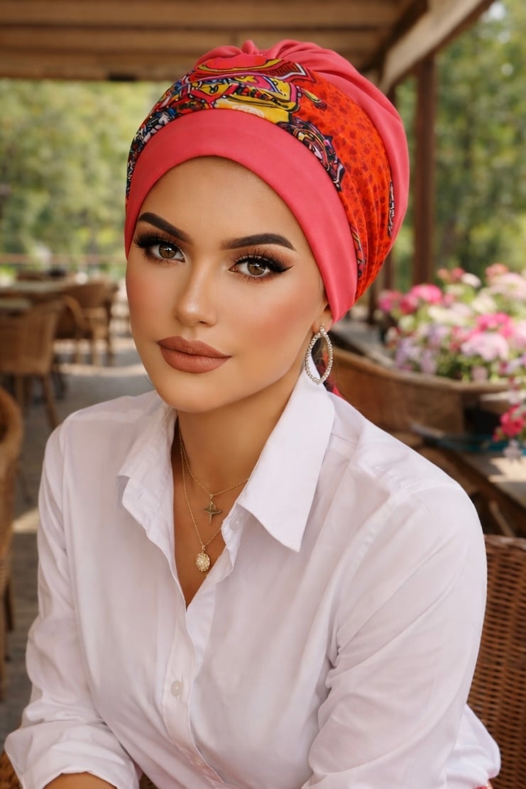 Turuncu Desenli Bantlı Hazır Bone