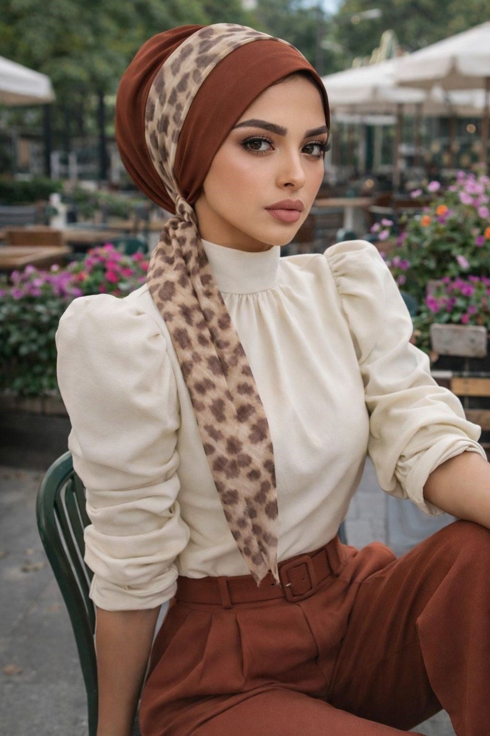 Kahve Leopar Desen Fularlı Bone