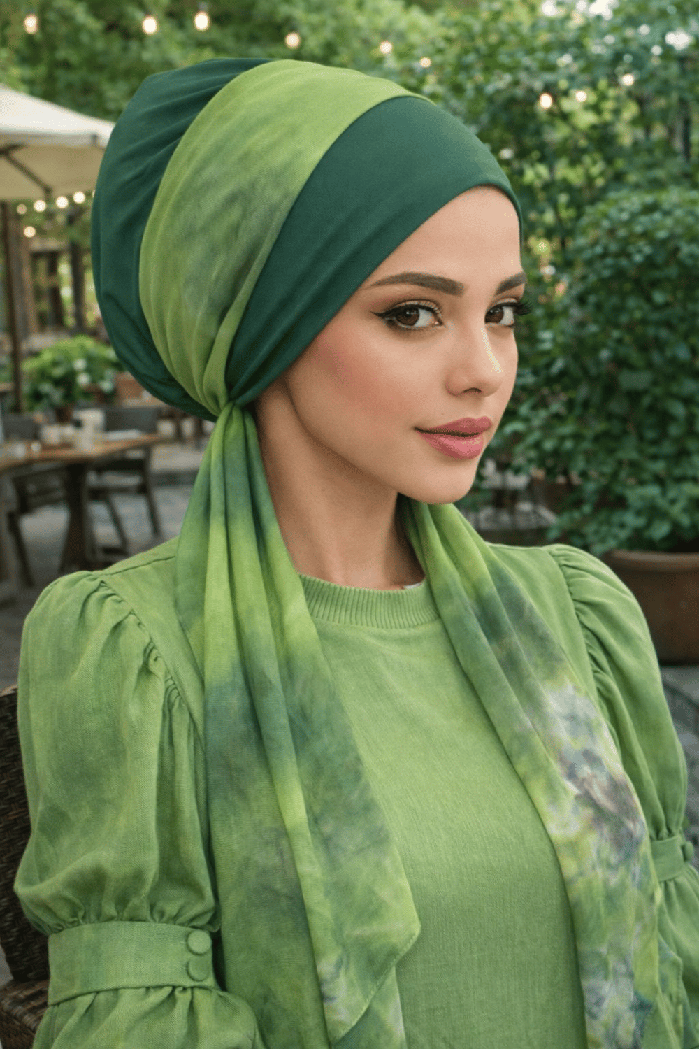 Yeşil Batik Desen Fularlı Bone