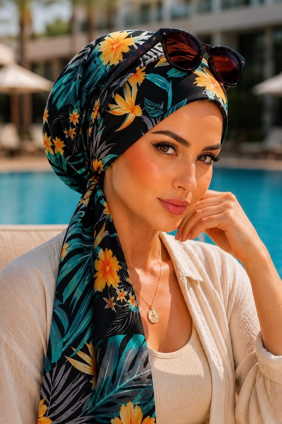 Yeşil Siyah Yaprak Desen Eşarp Bone