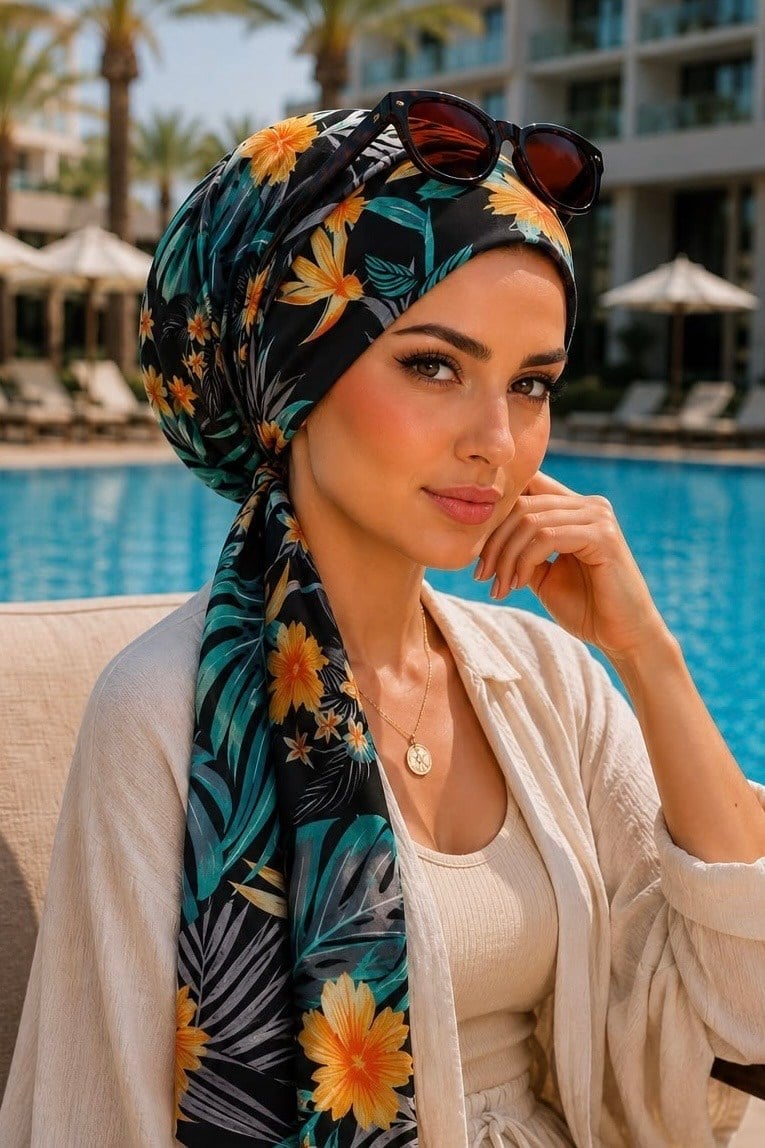 Yeşil Siyah Yaprak Desen Eşarp Bone