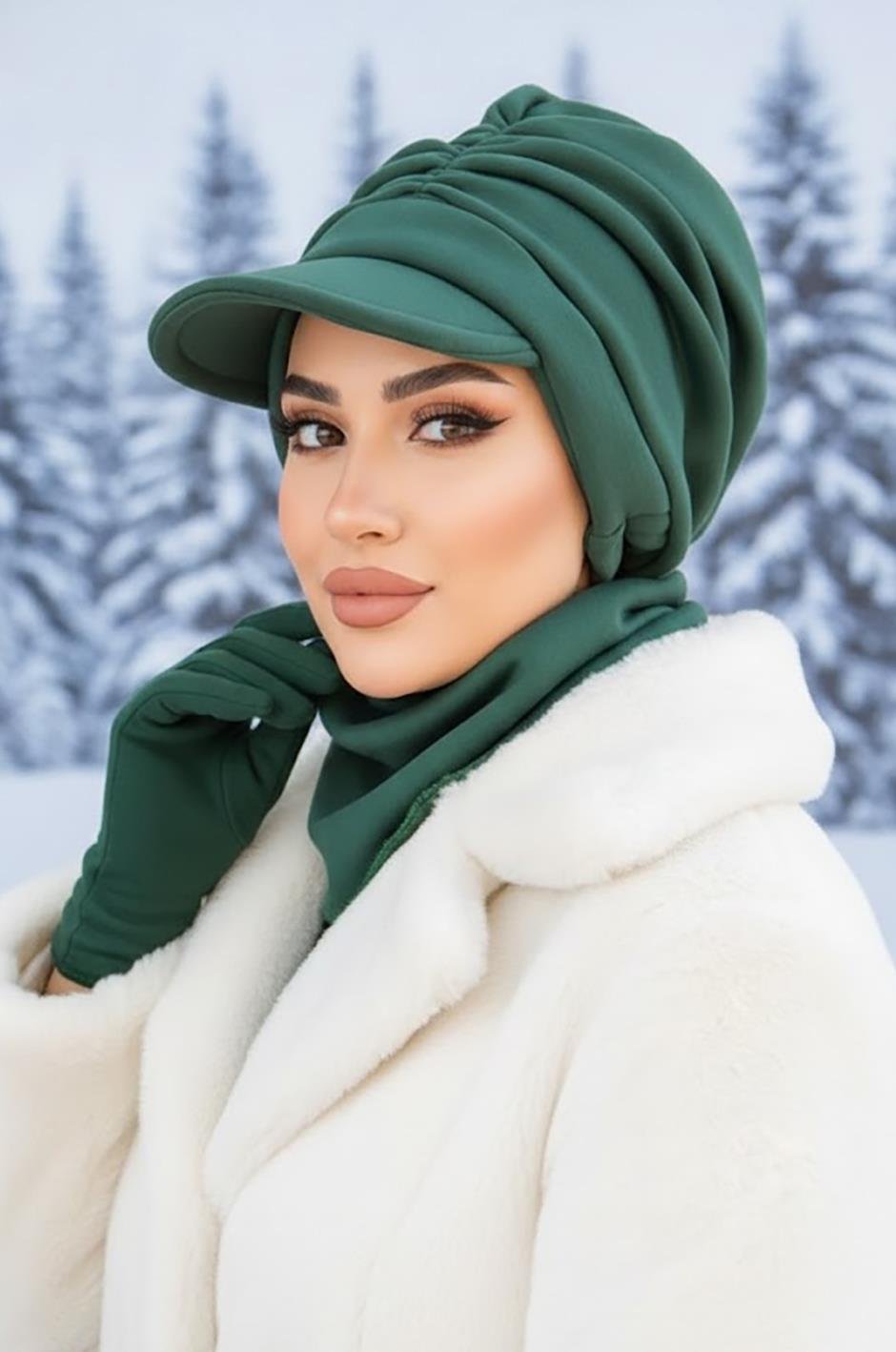 Zümrüt Kışlık Büzgülü Tesettür Şapka Ve Etol Takım