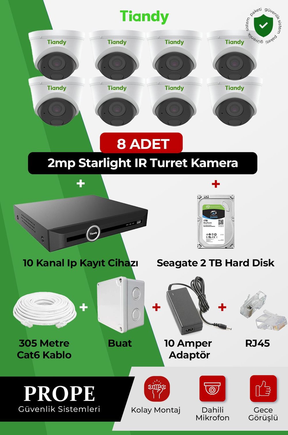 TIANDY PGI00008C01IP-DM-TIA08ST 8 Kameralı Dome Ip Full Sistem Paketi