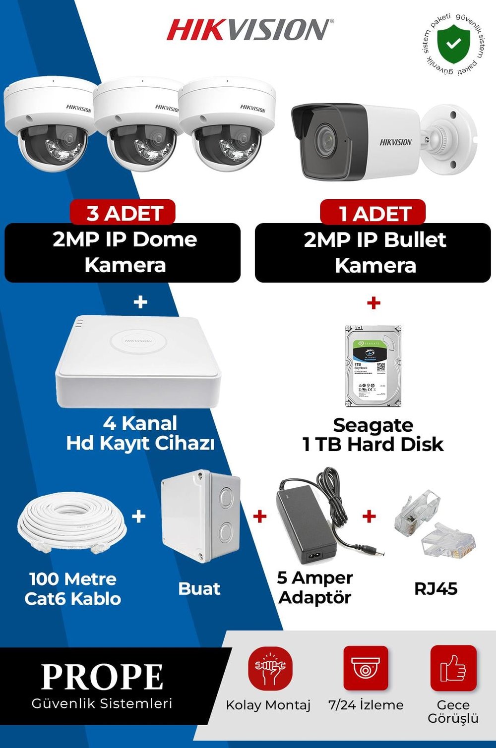 HIKVISION DS-2CD1023G0-IUF 4 Kameralı Full Ip Sistem Paketi