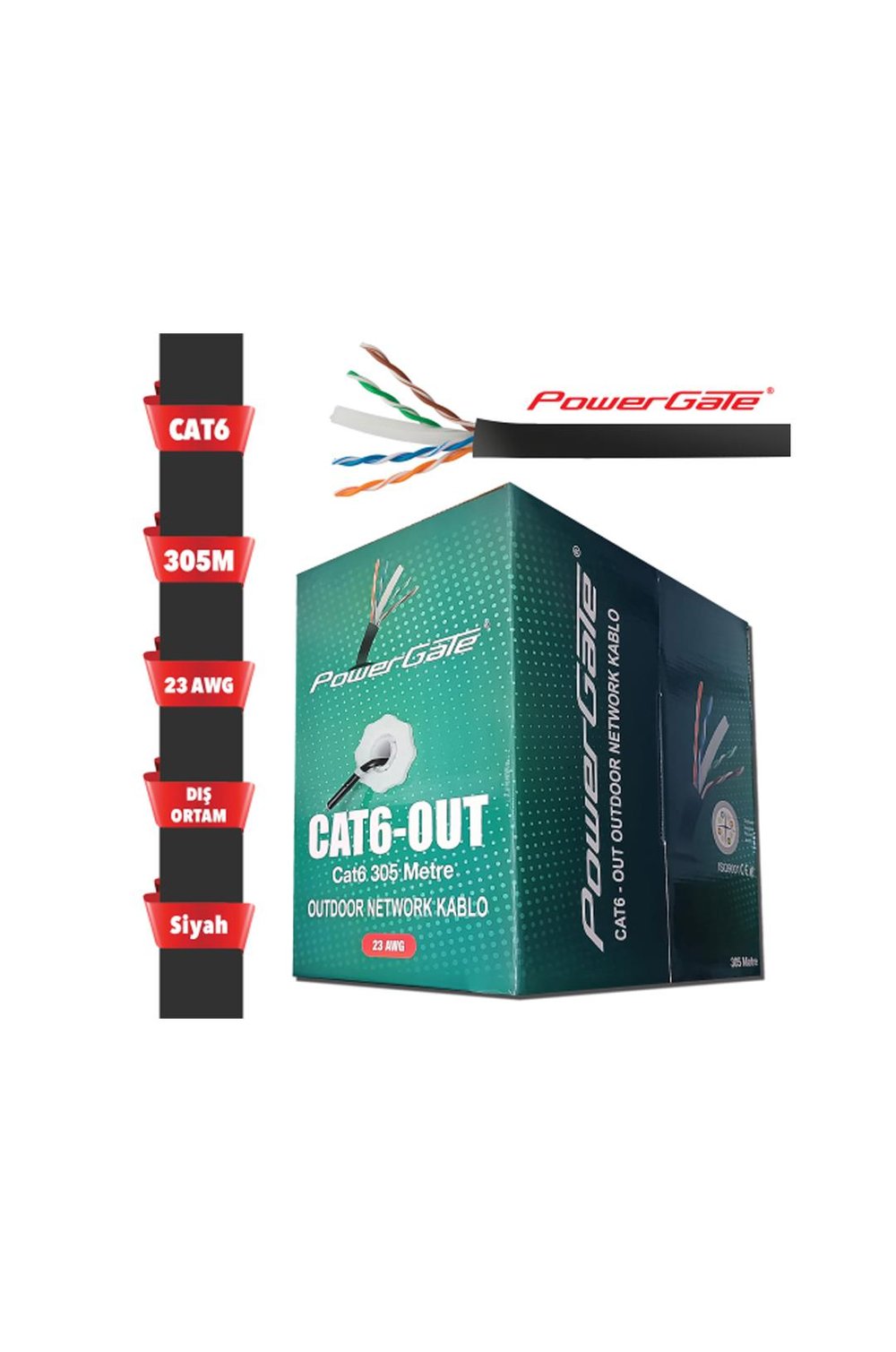POWERGATE CAT6-OUT-CCA, Outdoor (Dış Mekan), Polietilen, 23AWG 0.57mm, UTP, CAT6, CCA Kablo, 305m, Siyah