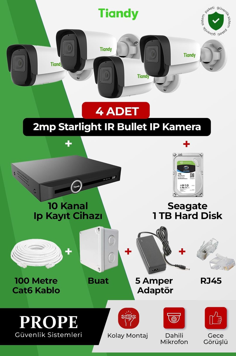 TIANDY PGI00004C01IP-BL-TIA04ST 4 Kameralı Bullet Full Sistem Paketi