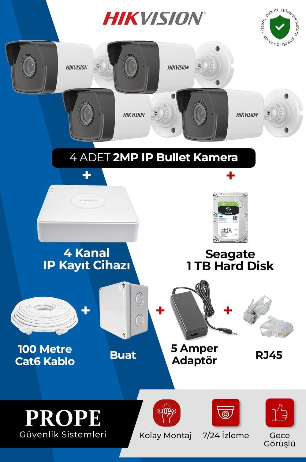 HIKVISION DS-2CD1023G0-IUF 4 Kameralı Bullet Full Ip Sistem Paketi