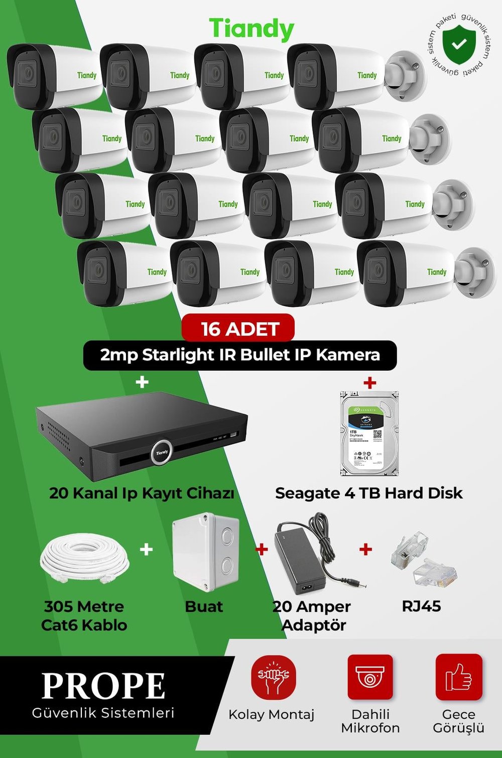 TIANDY PGI00016C01IP-BL-TIA16ST  16 Kameralı Bullet Full Sistem Paketi