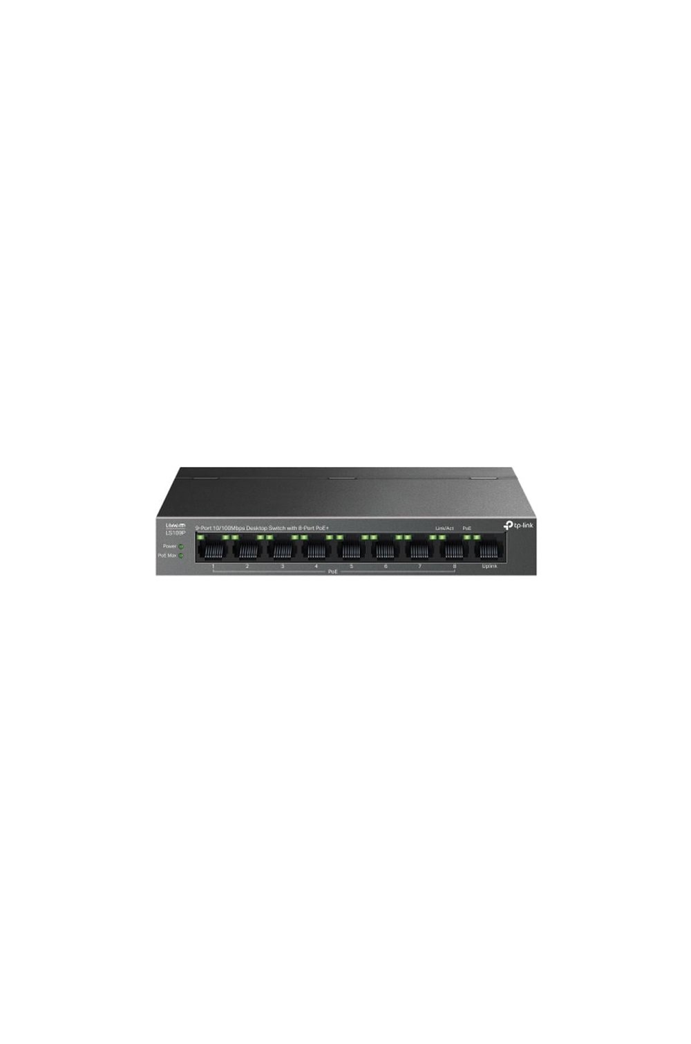 TP-LINK LS109P, Green Tech, 8 Port MegaBit, POE 63W, 1 Port Uplink, Long Range 250Mt, Yönetilemez, Metal Kasalı Switch