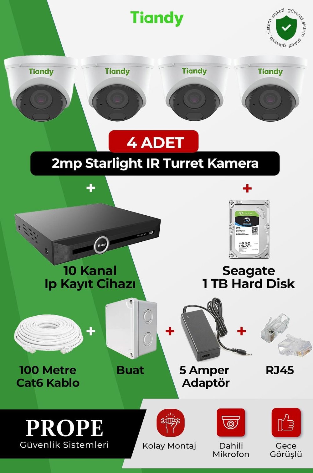 TIANDY PGI00004C01IP-DM-TIA04ST 4 Kameralı Dome Sistem Paketi