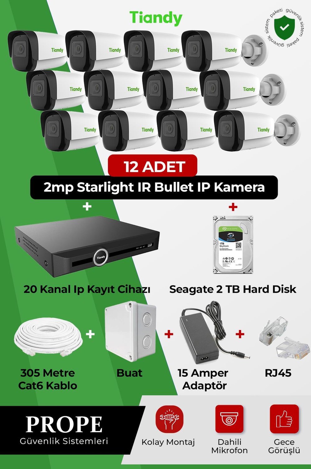 TIANDY PGI00012C01IP-BL-TIA12ST 12 Kameralı Bullet Full Sistem Paketi