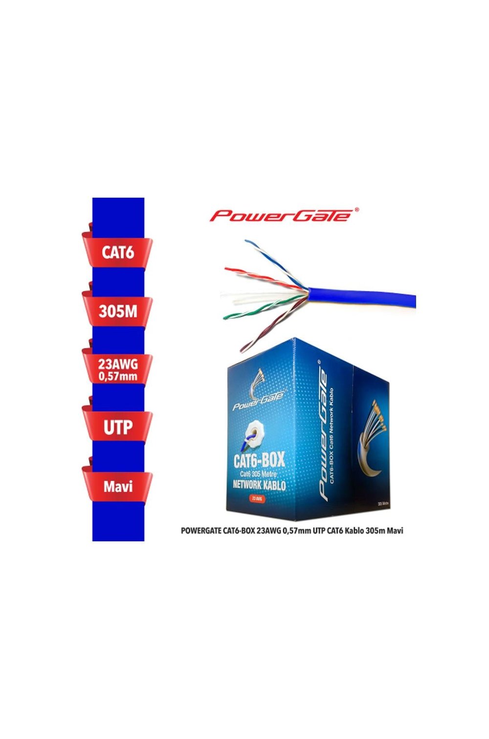 POWERGATE CAT6-BOX-BL, 23awg 0,57mm, Utp, Cat6 Kablo, 305m, Mavi