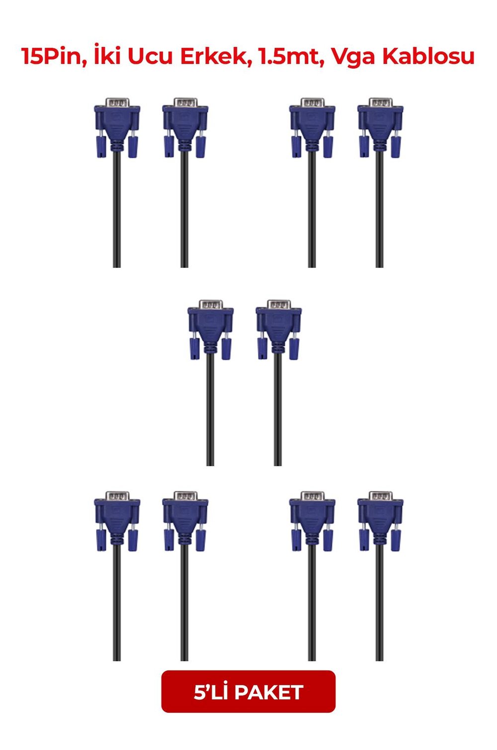 HYTECH HY-VGA105, 15Pin, İki Ucu Erkek, 1.5mt, Vga Kablosu (5li Paket)