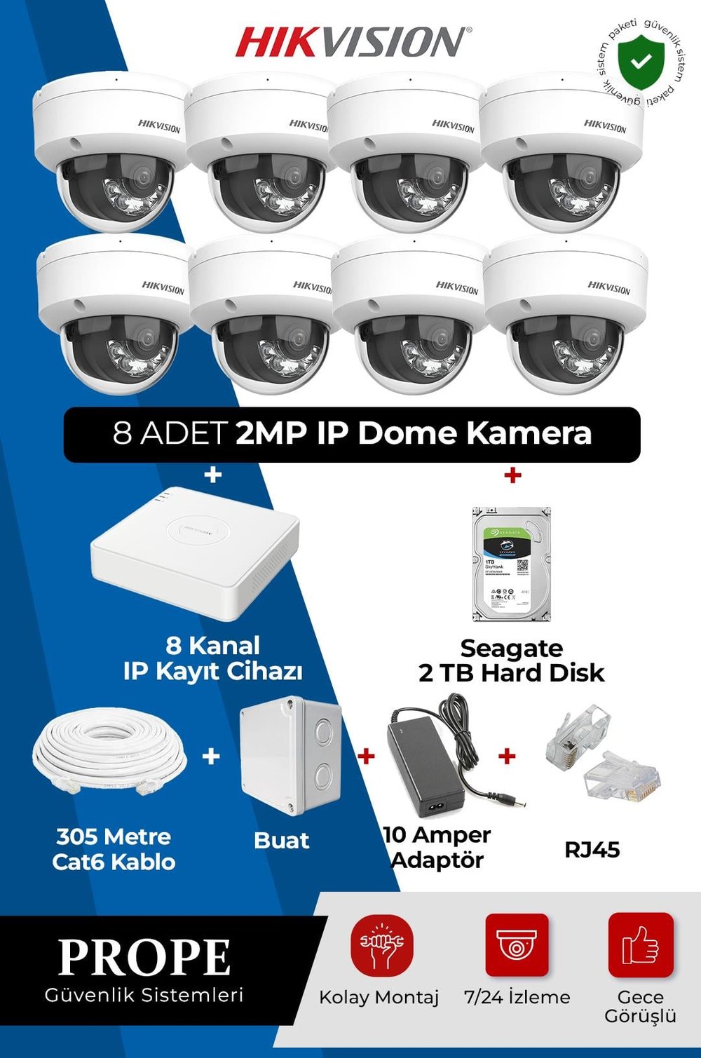 HIKVISION DS-2CD1121G2-LIUF  8 Kameralı Dome Ip Full Sistem Paketi