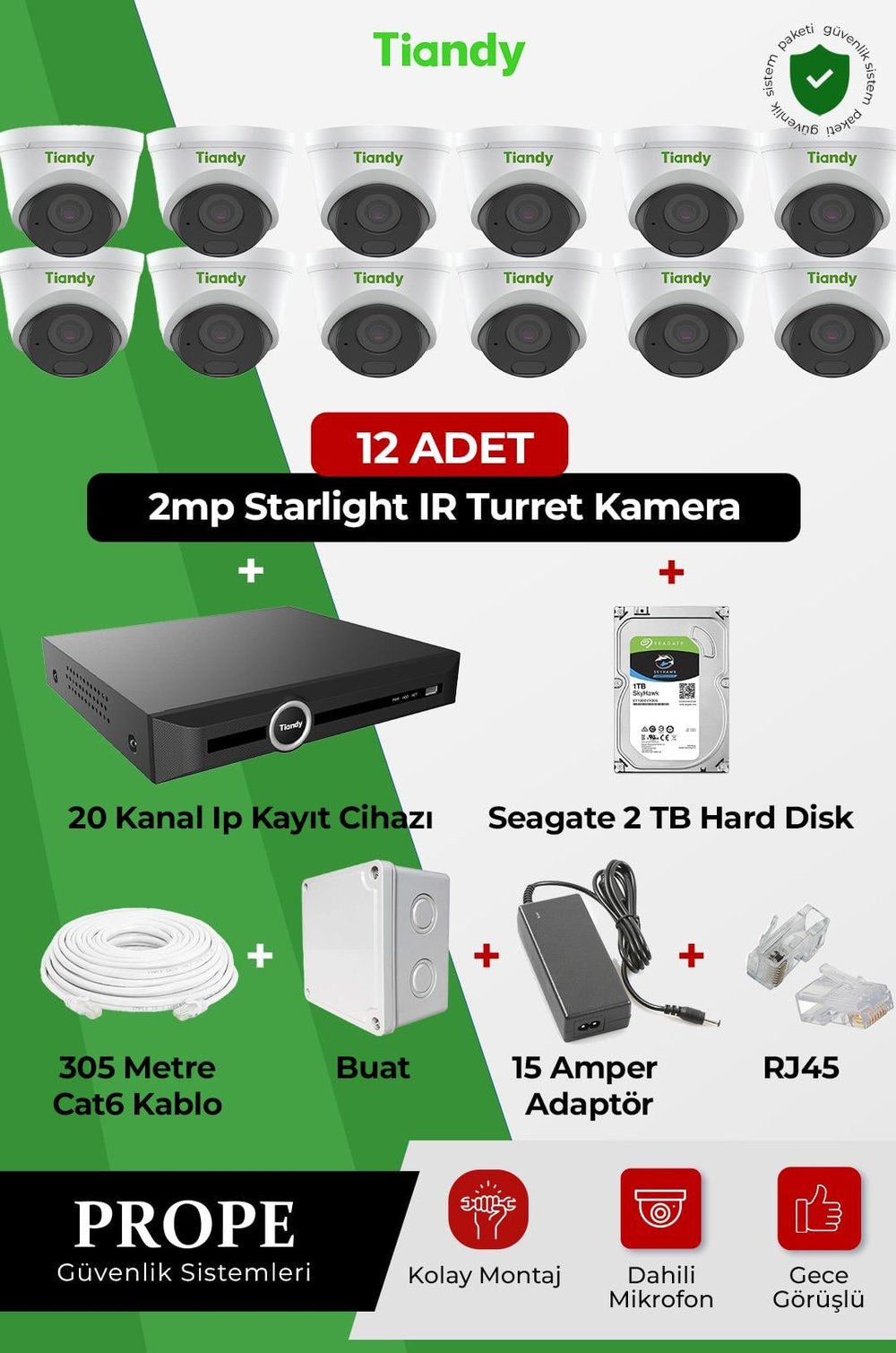 TIANDY PGI00012C01IP-DM-TIA12ST 12 Kameralı Dome Full Sistem Paketi