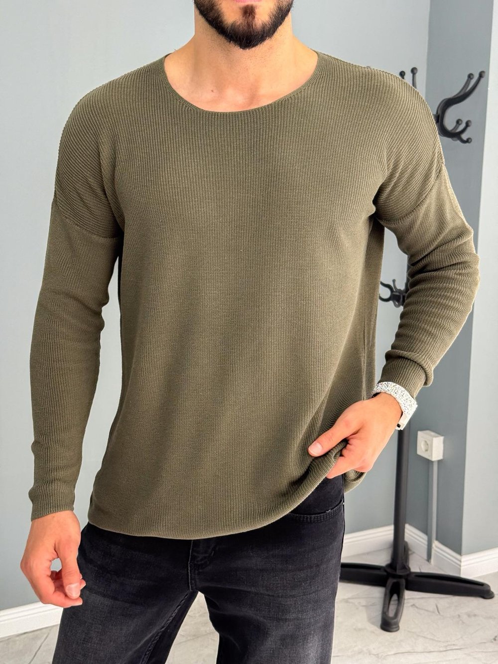Açık Yaka İnce Triko Sweat Haki Yeşil