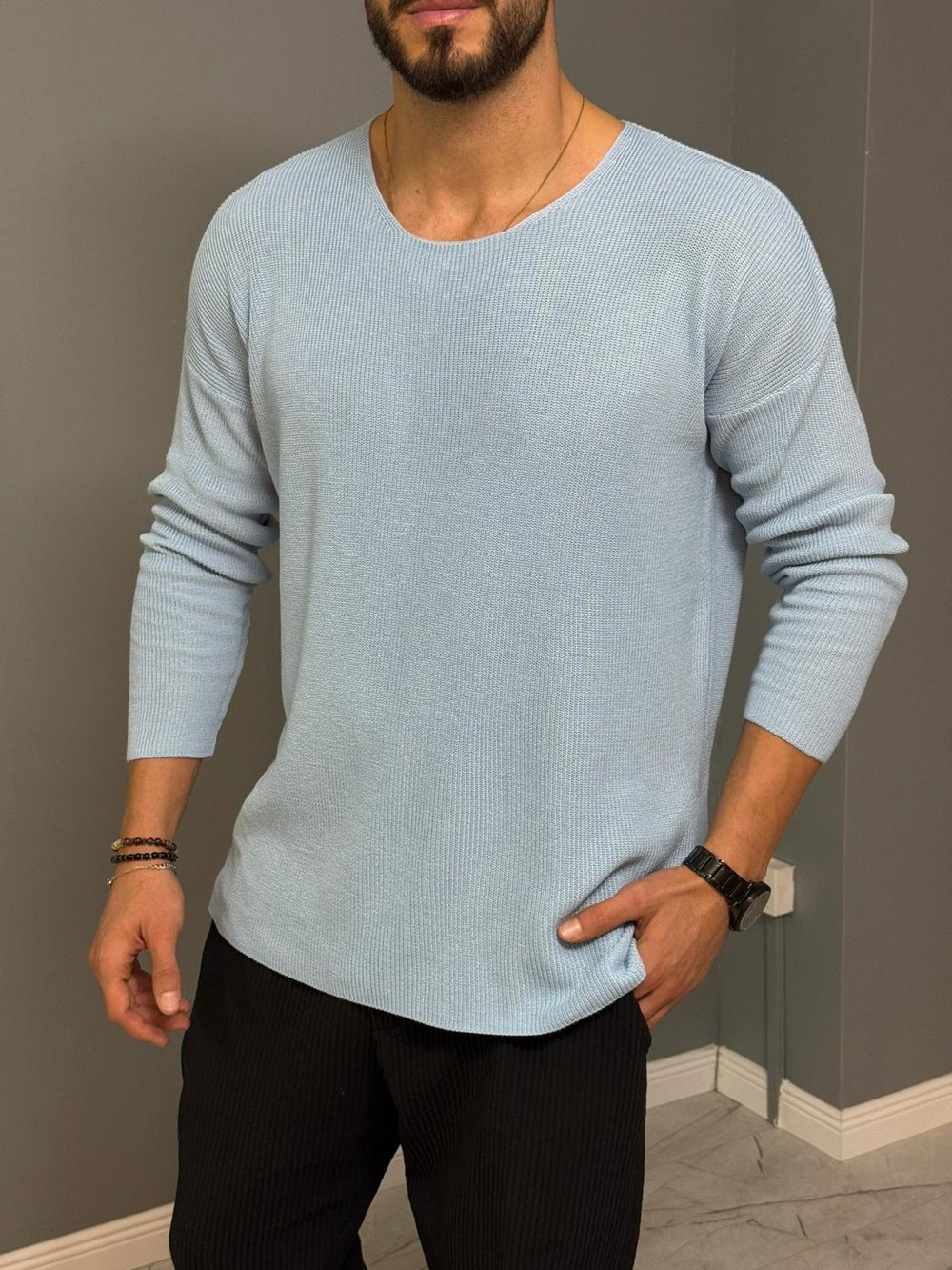 Bebe Mavisi Açık Yaka İnce Triko Sweat