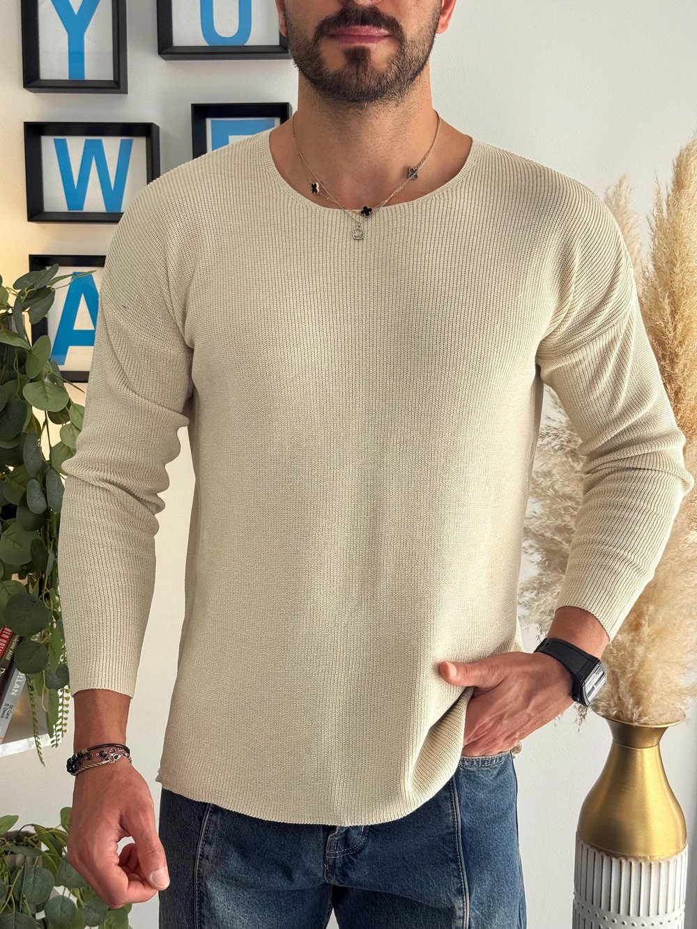 Bej Açık Yaka İnce Triko Sweat