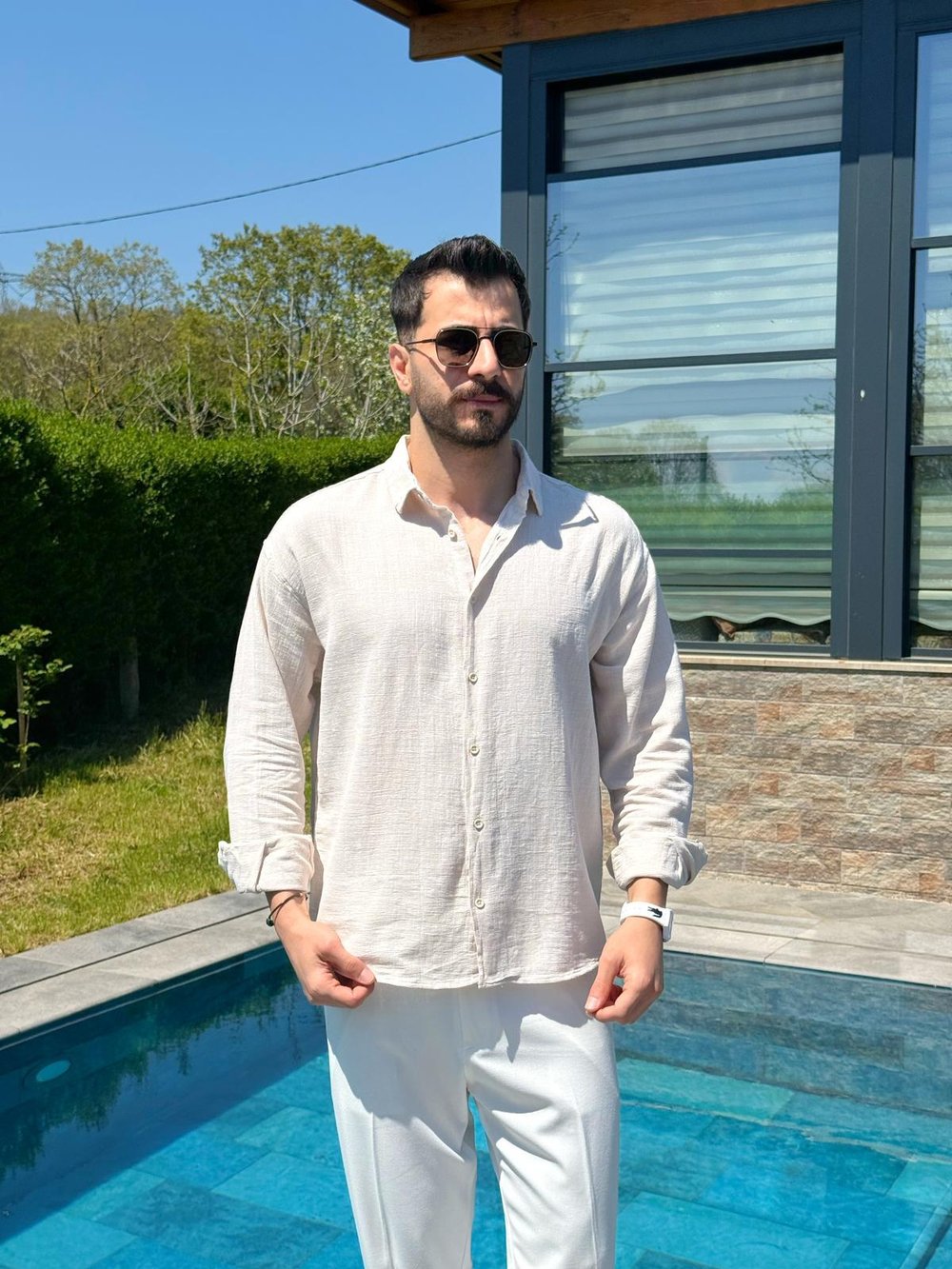 Bej Ham Keten Yazlık Yarım Oversize Gömlek