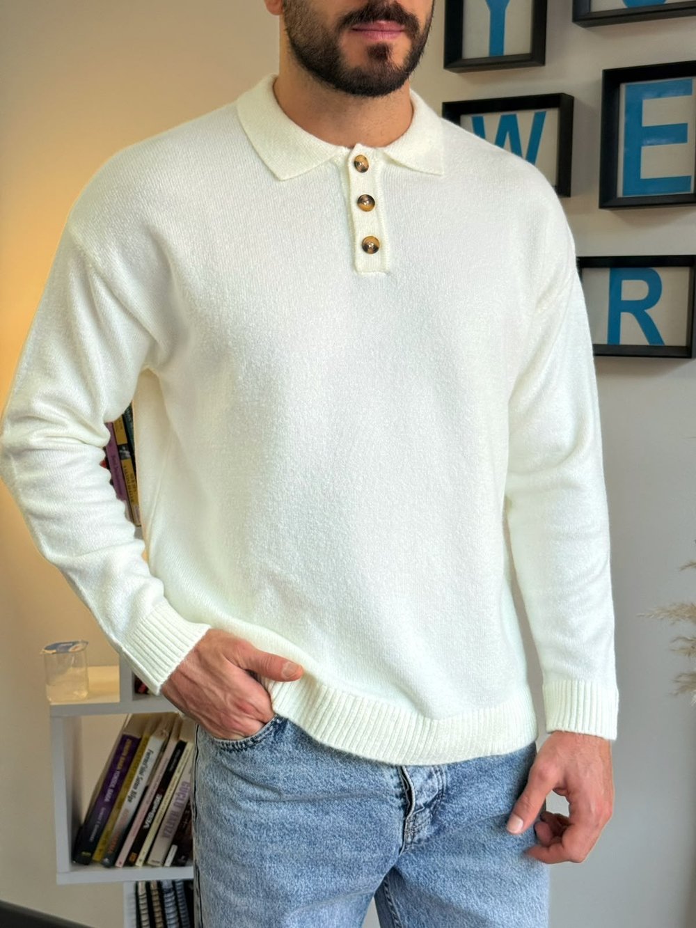 Beyaz Gramajlı Oversize Polo Kazak