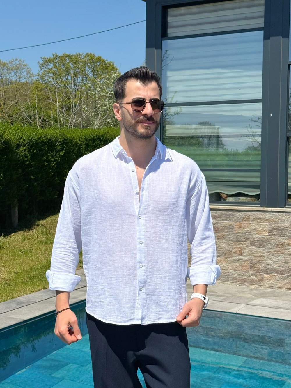 Beyaz Ham Keten Yazlık Yarım Oversize Gömlek