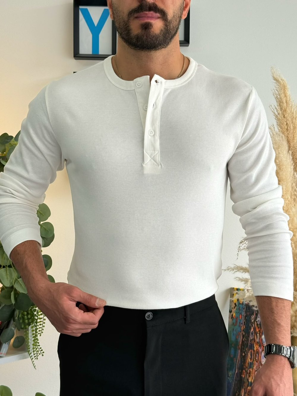 Beyaz Henley Yaka Uzun Kollu Sweat