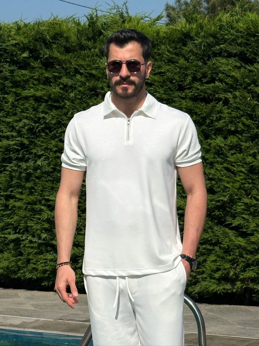 Beyaz Osyh Kumaş Yarım Fermuarlı T-Shirt