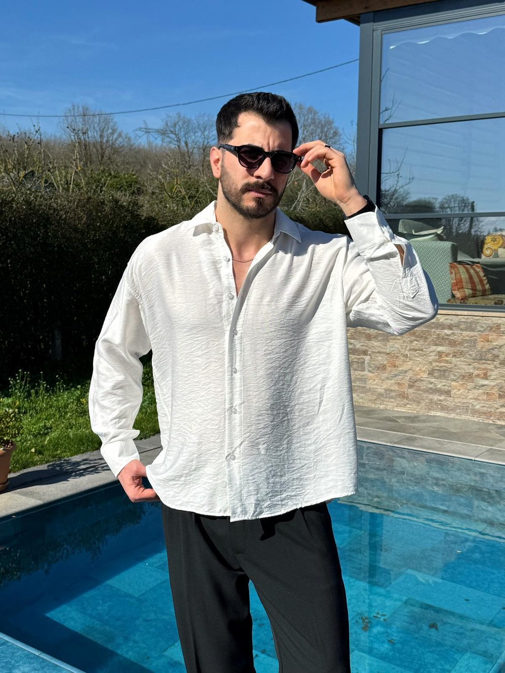 Beyaz Viskon Keten Oversize Gömlek