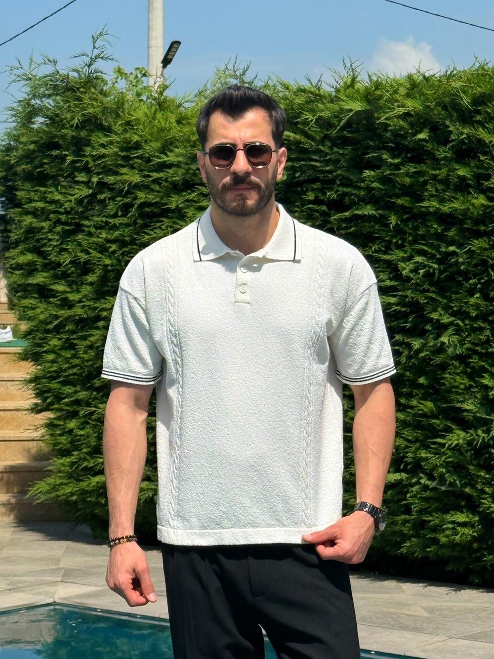 Beyaz Yazlık Dokulu Polo Yaka Triko Tişört