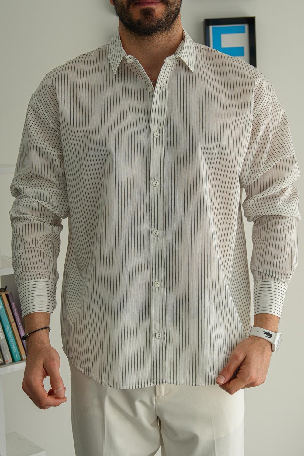 Beyaz Yazlık Oversize Kendinden Çizgili Premium Gömlek