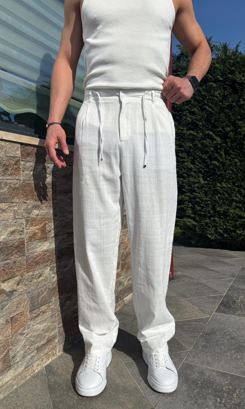 Beyaz Yazlık Premium Keten Baggy Pantolon