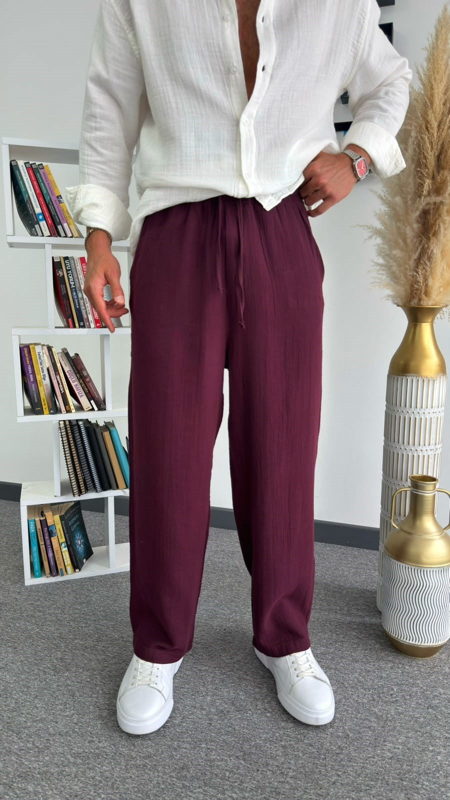 Bordo Müslin Keten Baggy Pantolon