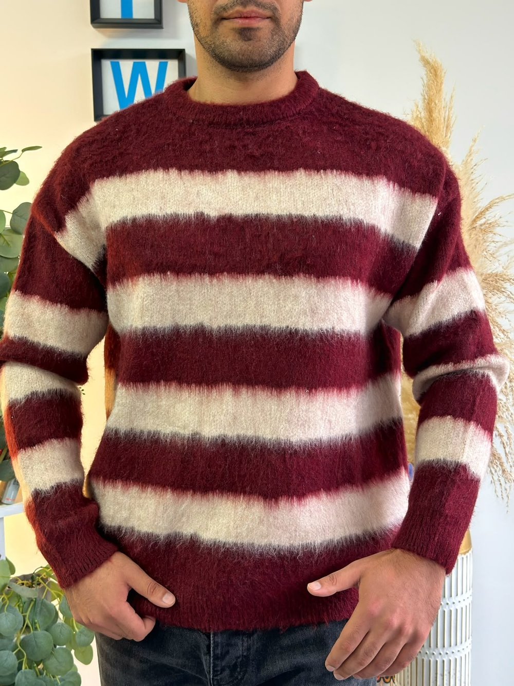 Bordo Premium Dokulu Oversize Çizgili Triko Kazak